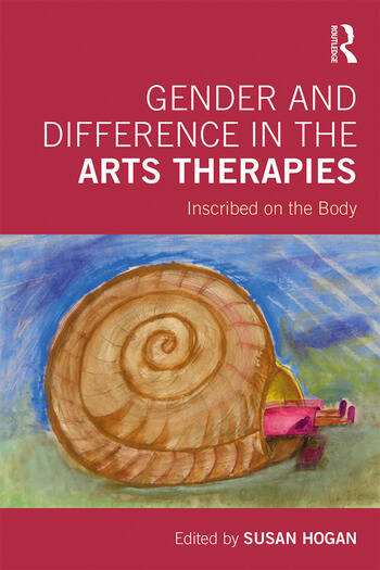 The book cover of Gender and Difference in the Arts Therapies. It features an illustration of a large snail shell with a pair of legs in pink clothing sticking out of it.