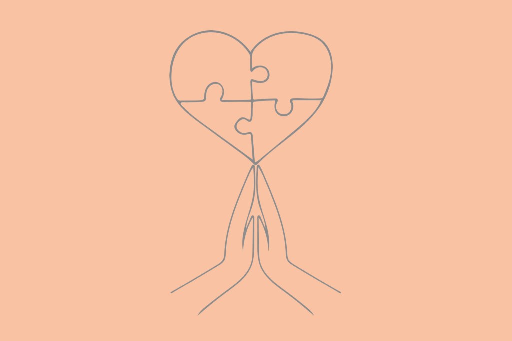 An illustration of two hands touching with a heart made of jigsaw pieces above them.