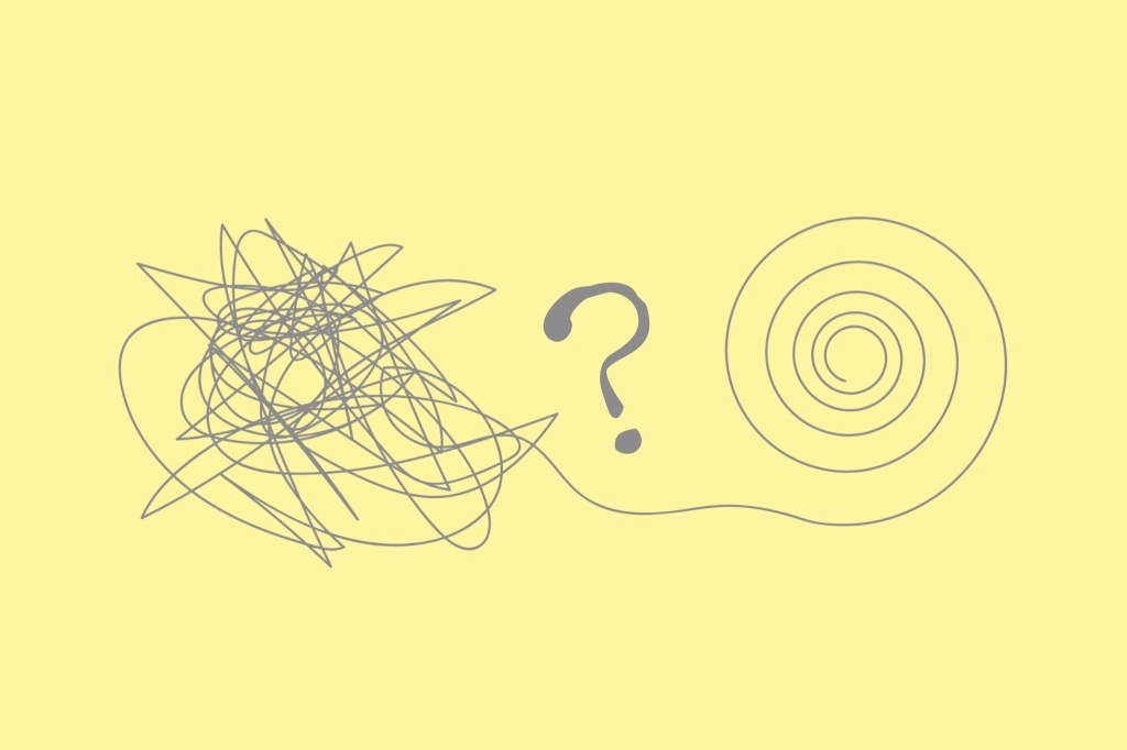 an illustration of a squiggle turning into a spiral alongside a question mark