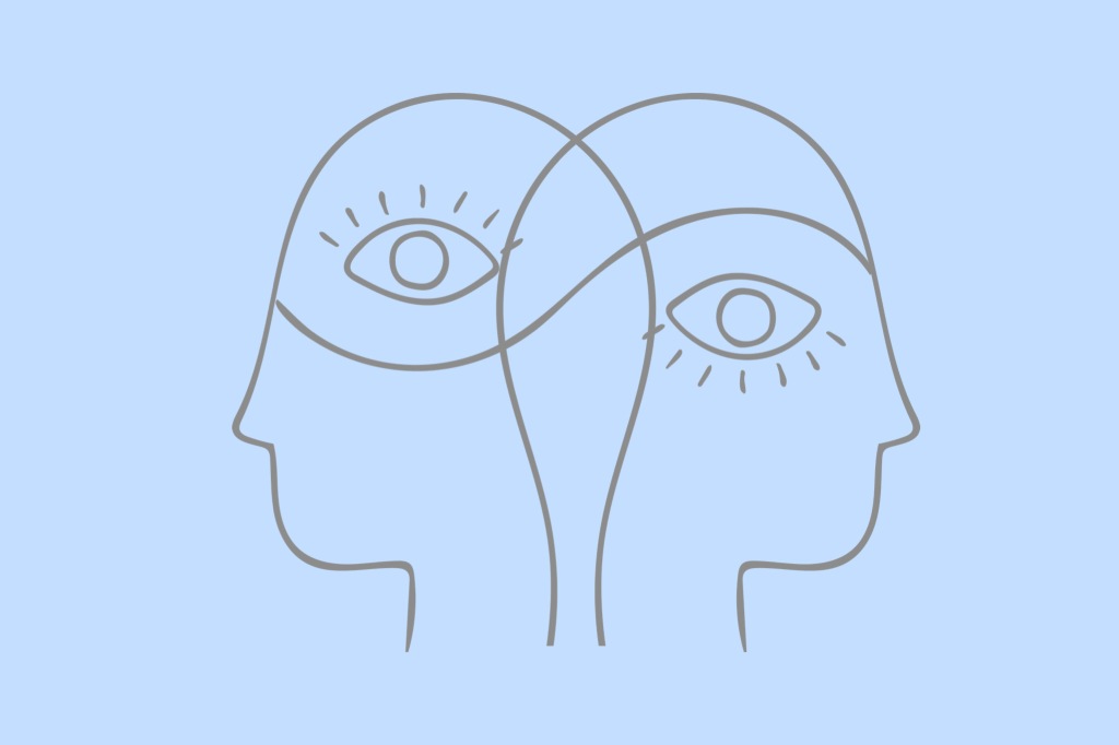 an illustration of two heads facing away from one another sharing the same pair of eyes