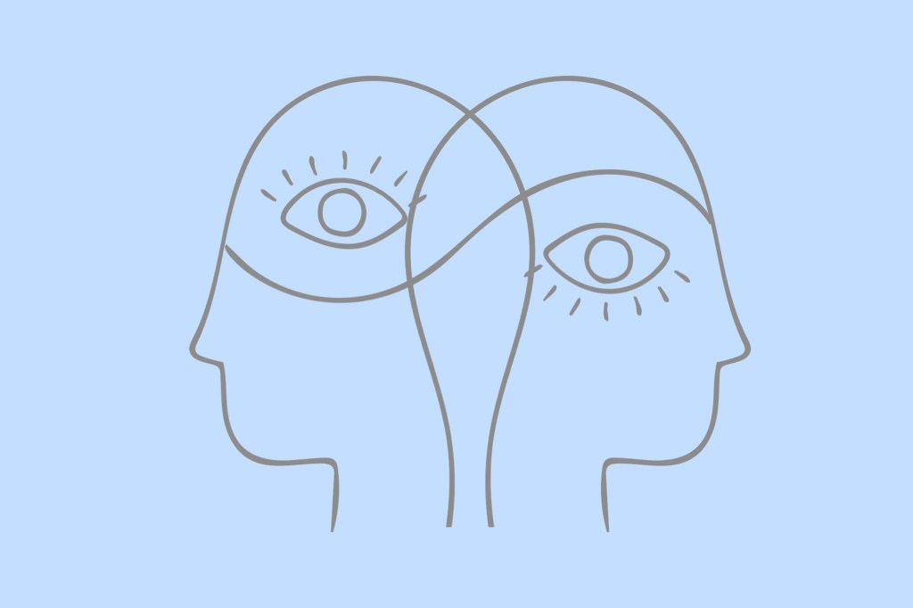 an illustration of two heads facing away from one another sharing the same pair of eyes