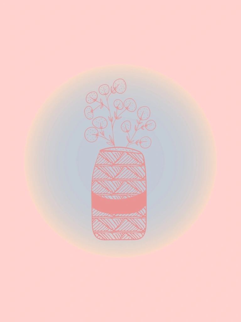 An illustration of a pink vase and flowers